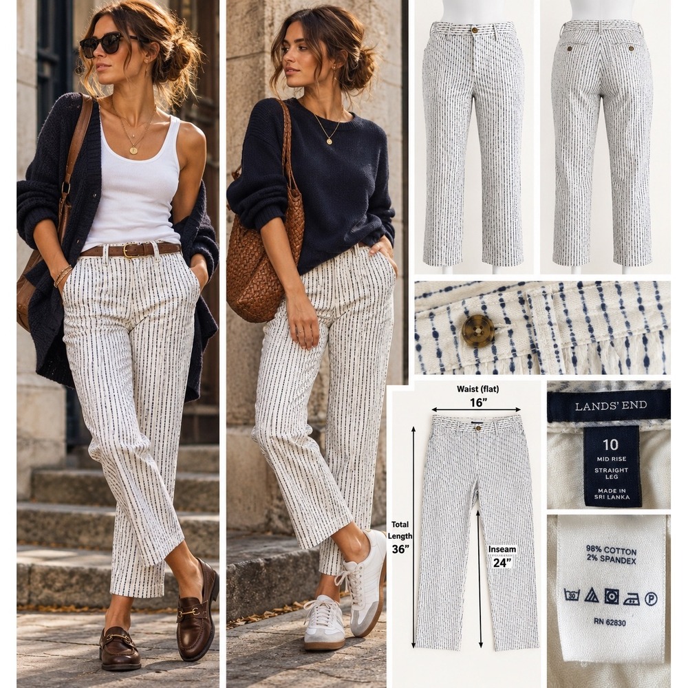 Lands' End Size 10 Striped Pants Mid Rise Straight Leg Coastal Prep Nautical